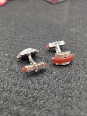 1369. Vintage Swank Men's Silver-Tone Cufflinks with Orang Accent Inlay